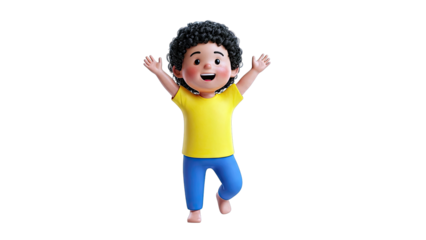 Happy 3D Boy with Curly Hair and Arms Raised
