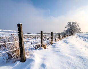 A snow-covered field with a rustic fence leading to a frosted tree under a blue sky