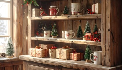 Rustic wooden hutch displays festive mugs, gifts, mini trees, and snow-kissed decorations