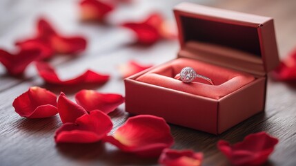 Sparkling diamond engagement ring presented inside a luxurious red velvet box surrounded by scattered vibrant red rose petals on a wooden surface.