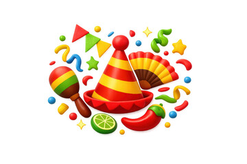 Vibrant fiesta celebration with confetti, maracas, and festive symbols for party design