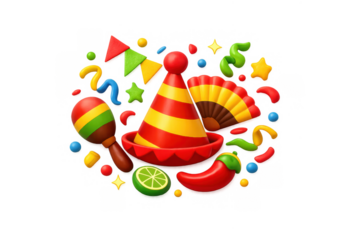 Vibrant fiesta celebration with confetti, maracas, and festive symbols for party design