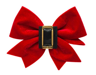 A vibrant, close-up shot of a plush, red velvet bow with a black belt-style center