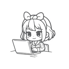 Fototapeta premium Cute Chibi Girl Working on Laptop Line Art.