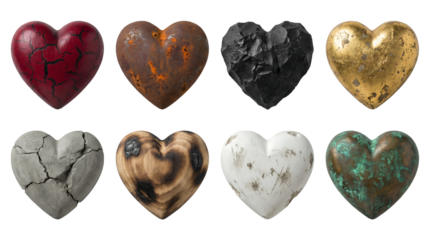 Heart set including cracked, rusty, stone, gold, wooden, and weathered metal variants isolated. Conceptual icons for emotion, resilience, and love collection.