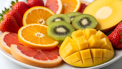 Vibrant fruit platter with fresh mango, kiwi, oranges, and strawberries
