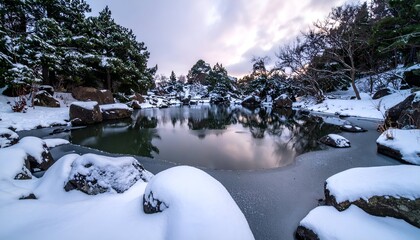 Winter scene of a still lake reflecting a cloudy sky, surrounded by snow-covered trees and rocks
