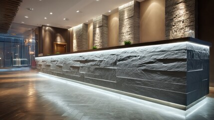 Reception area with textured stone counter illuminated by rim-light Shadows extend naturally across polished flooring glimmers enrich metallic