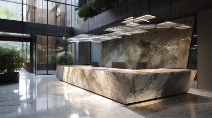 Reception atrium with angular stone desk framed by sculptural overhead lighting Top-light reveals textures brilliance enriches reflective flooring