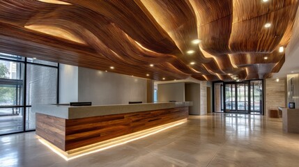 Reception area sculptural wooden ceiling illuminated by rim-light brilliance reflects subtly on polished stone counter shadows extend across