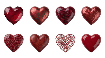 Red heart collection including faceted crystal, cracked stone, marble, hammered metal, mosaic, wood, wire, and glossy textures isolated. Romantic decorative elements and symbols of love.