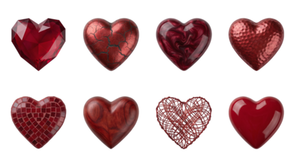 Red heart collection including faceted crystal, cracked stone, marble, hammered metal, mosaic, wood, wire, and glossy textures isolated. Romantic decorative elements and symbols of love.
