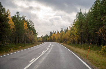 Empty autumn road through colorful forest in Finnish Lapland