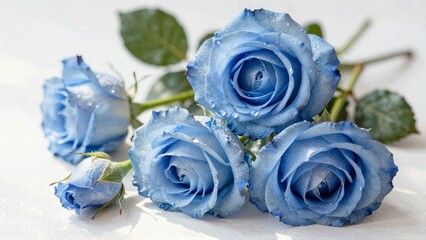 Blue roses with water droplets on white surface
