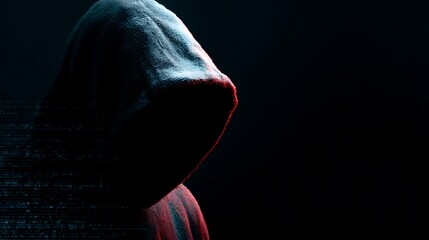 Hooded anonymous person in dark silhouette with digital glitch effect