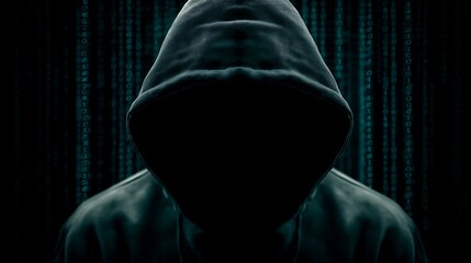 Silhouette of an anonymous hacker wearing a hoodie against digital matrix code