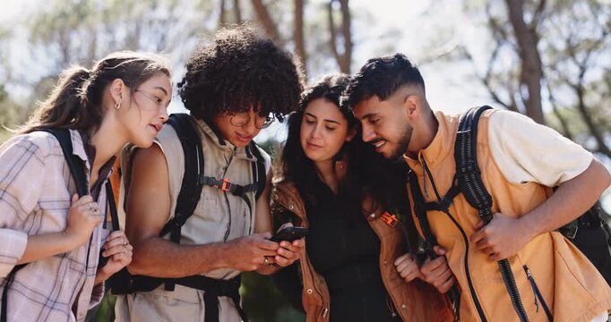 Friends, phone and hiking in woods, planning and search for location, direction or backpacking on holiday. People, smartphone and group with mobile app, tourism or scroll on map with bag in forest