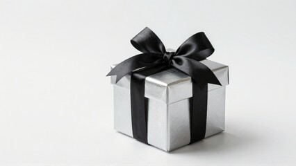 Obraz premium Silver giftbox with black satin bow on white background