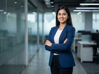 confident young indian businesswoman standing in corporate office smiling at camera with copy space