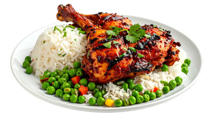 Grilled chicken with rice, peas, and garnish on a white plate