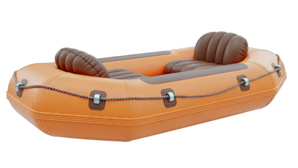 Orange inflatable raft with brown seats and rope