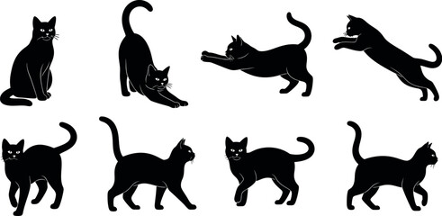 Collection of nine black cat silhouettes in various poses © MSTNAZIA