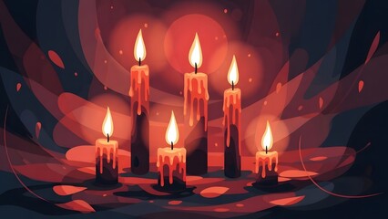 Six burning candles creating a warm and mystical light in the darkness illustration