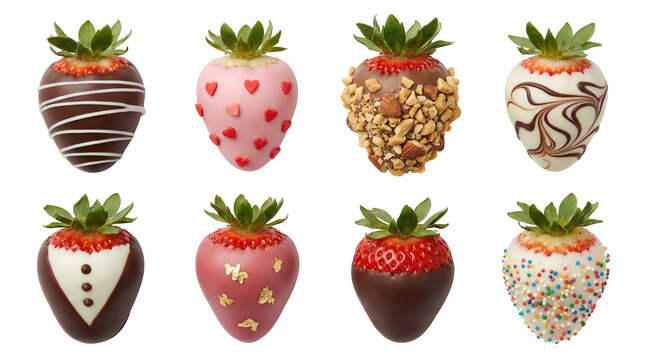 Chocolate covered strawberry set including milk, white, pink, nut, and tuxedo dipped varieties isolated. Gourmet dessert and confectionery collection.