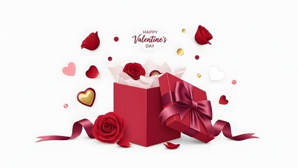 An open red gift box with red roses, hearts, and ribbons for valentine's day