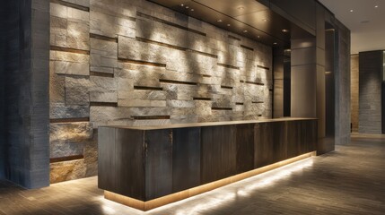 Reception lobby highlighting textured stone wall illuminated by recessed ceiling lights Rim-light defines vertical surfaces shimmer glows faintly