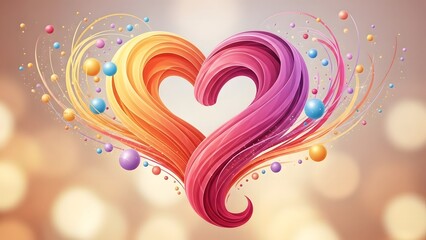 A vibrant abstract heart created from swirling colorful lines and playful particles on a soft bokeh background