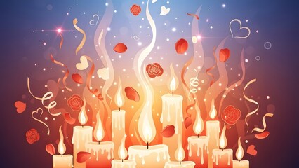 A beautiful illustration of lit candles and floating hearts for a romantic celebration or special occasion