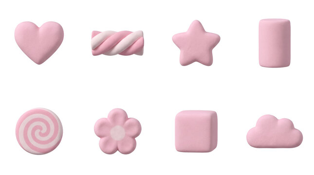 Pink marshmallow candy set including heart, twist, star, cylinder, swirl, flower, cube, and cloud shapes isolated. Sweet confectionery and dessert collection.