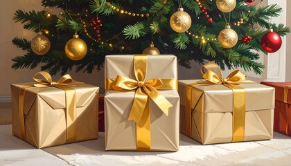 Christmas tree with golden ornaments and wrapped presents with shiny gold bows on a light surface