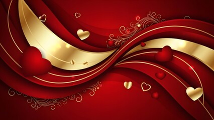 A vibrant red and gold abstract background with hearts for valentine's day