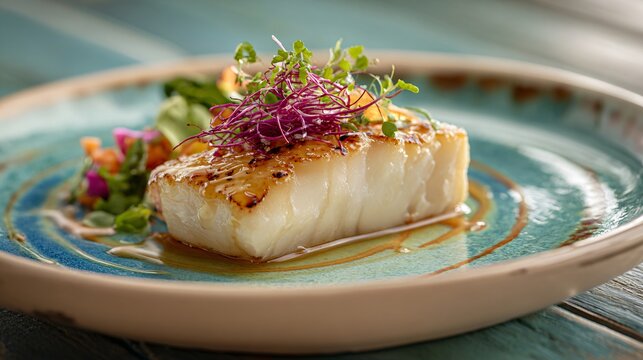 Chilean sea bass with subtle citrus glaze, pale ceramic surface, refined coastal plating
