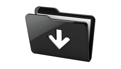 A glossy black folder icon with a white downward arrow and papers