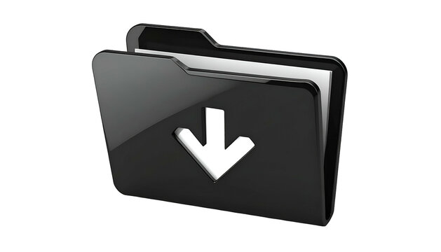 A glossy black folder icon with a white downward arrow and papers - Powered by Adobe