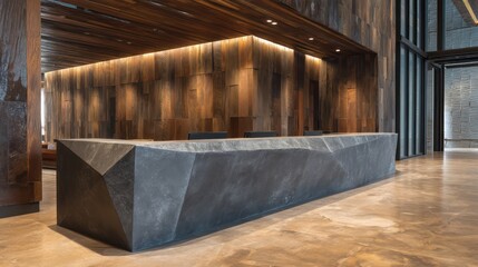 Reception space with angular stone counter framed by textured wooden backdrop Top-light enhances polished brilliance reflects subtly across