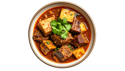 Overhead shot of a bowl of braised tofu, eggplant, and meat in a rich, red sauce