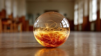 Orb with Glowing Filament Strands: A captivating crystal ball with intricate glowing filament patterns inside, resting on a polished wooden surface.