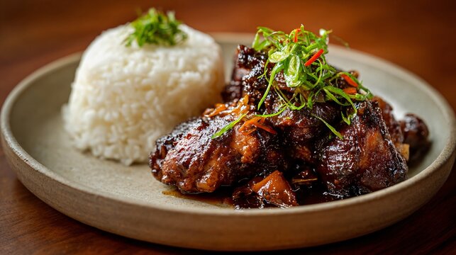Filipino adobo chicken presented as minimalist restaurant main, neutral clay plate, soft shadows