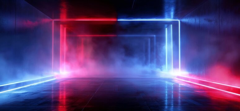 Abstract Neon Glow. Futuristic Empty Tunnel with Smoke.