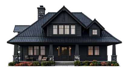 Modern two-story house with black siding, porch, and gabled roof; lush landscaping