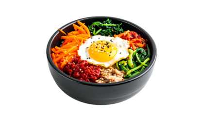A vibrant Korean bibimbap dish with colorful vegetables and a sunny-side-up egg