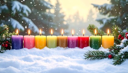 Colorful lit candles in snowy landscape with pine branches, Christmas theme