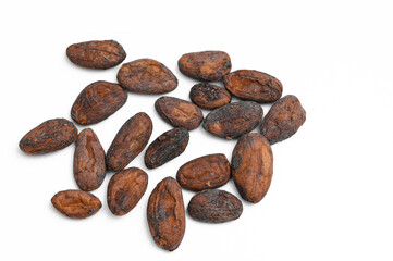 Whole raw cocoa beans on a white background