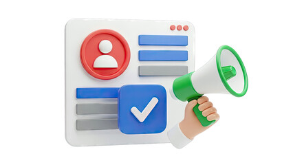 3D Illustration of Megaphone and User Profile Interface