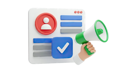 3D Illustration of Megaphone and User Profile Interface