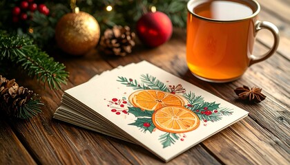 Festive scene Christmas cards with orange slices, tea, and decorations on wood